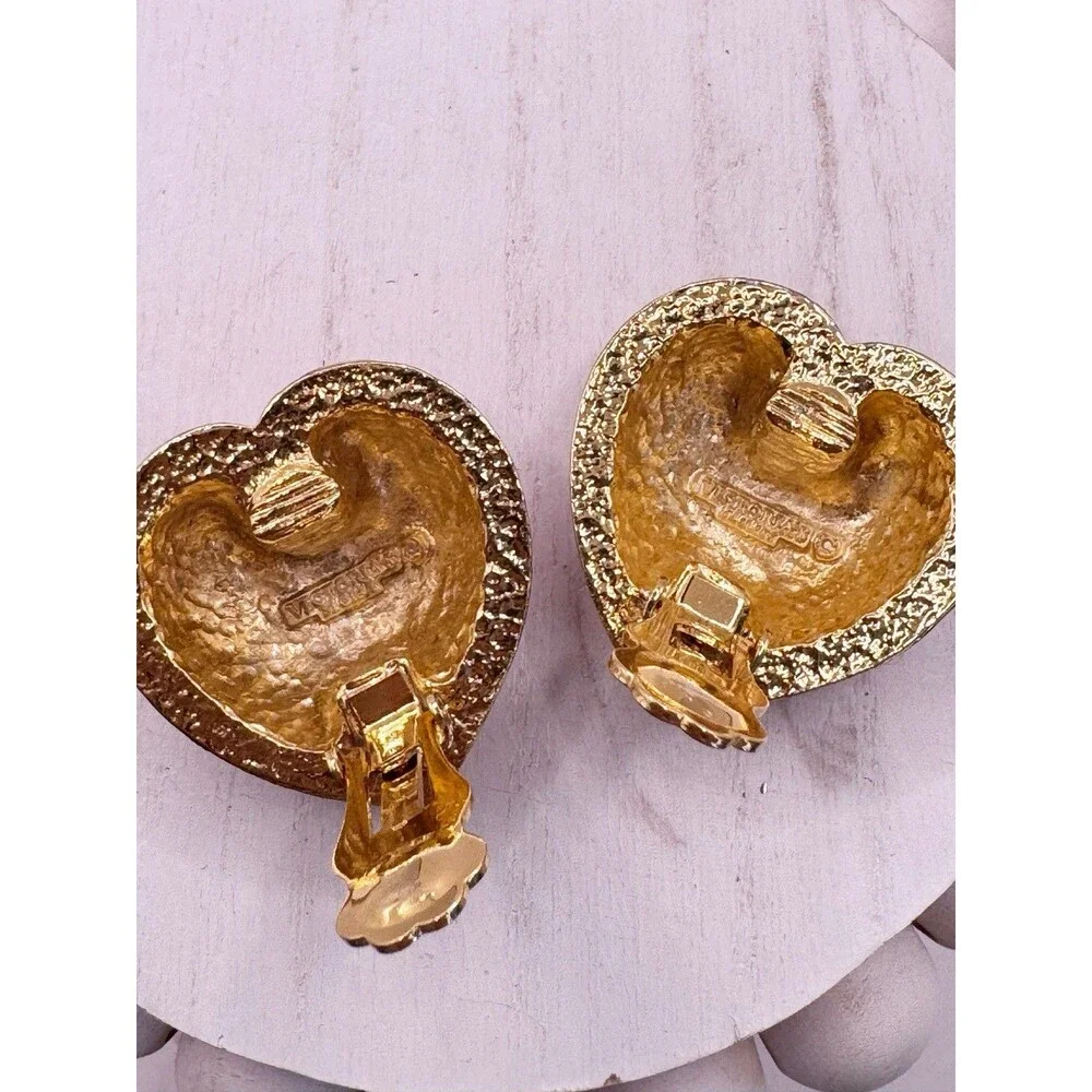 Vintage Victoria's Secret Red Enamel Puff Heart Clip on Earrings Rhinestone